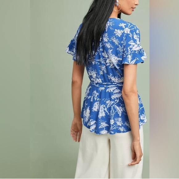 ANTHROPOLOGIE Maeve Clarita Wrap Blouse Top, Blue/White, Size 0 - Picture 3 of 13